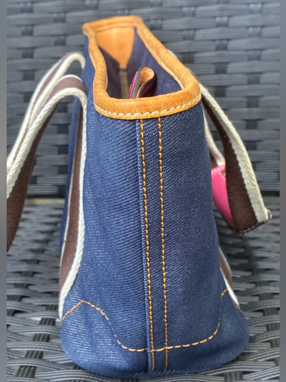 Coach Navy Denim Tote with Brown Straps and Pink Trim - Picture 7 of 16